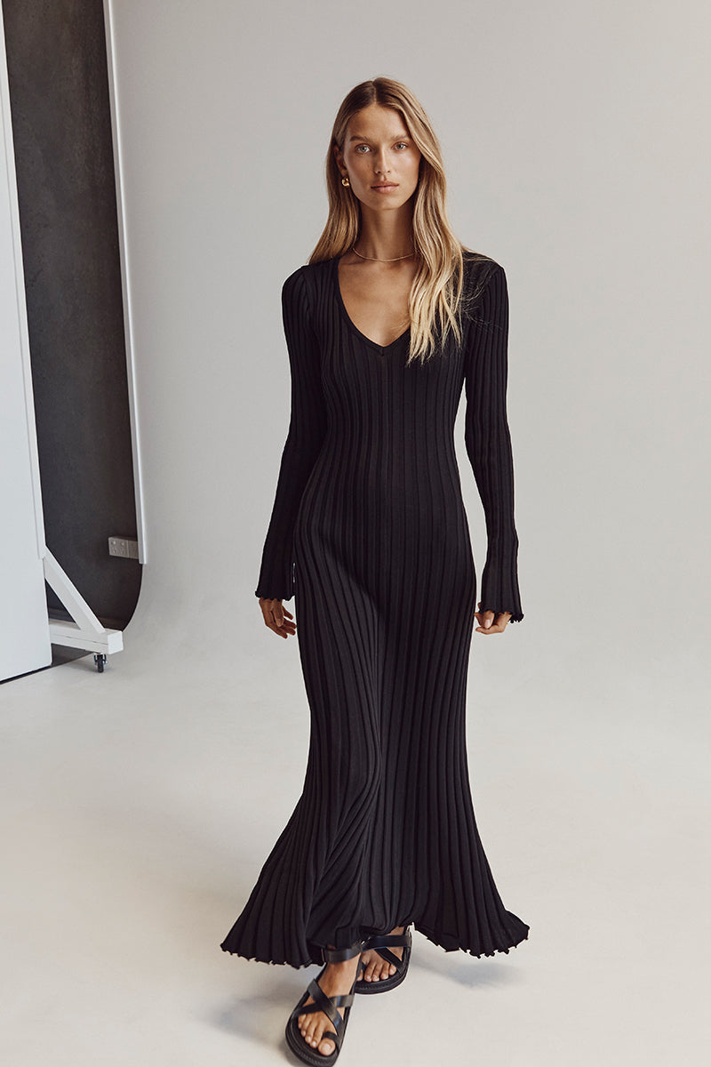 V-Neck Sleeved Knit Midi Dress