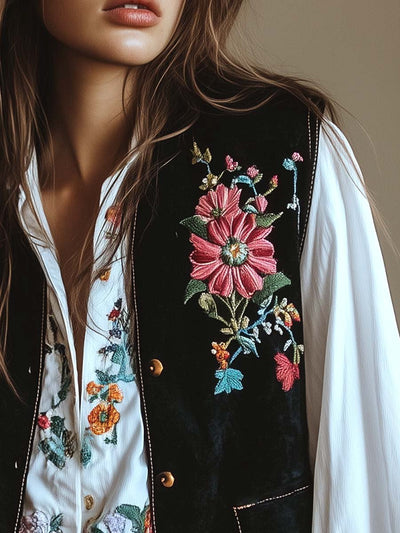 Women's Velvet Colorful Floral Embroidered Vest