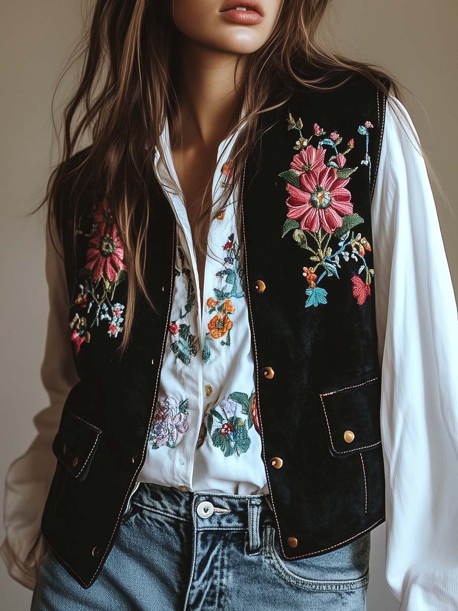 Women's Velvet Colorful Floral Embroidered Vest